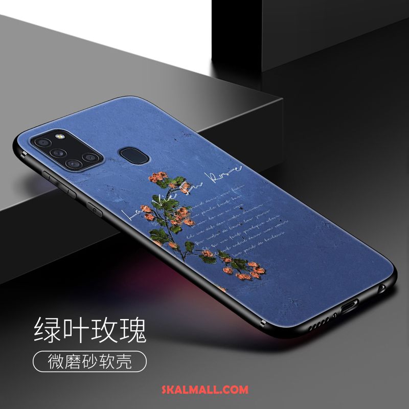 Samsung Galaxy A21s Skal Blå Oljemålning Silikon Blommor Mjuk Billig