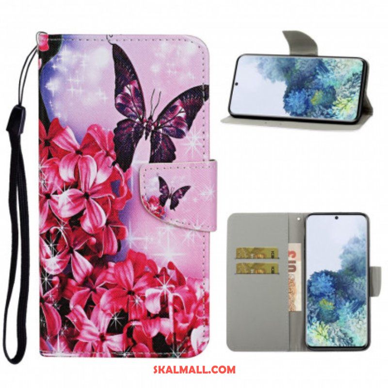 Folio-fodral Samsung Galaxy S21 Ultra 5G Butterflies Floral Lanyard