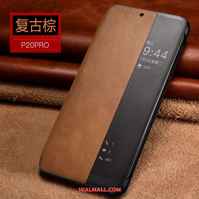 Huawei P20 Pro Skal Mobil Telefon Läderfodral Äkta Läder Täcka Rea