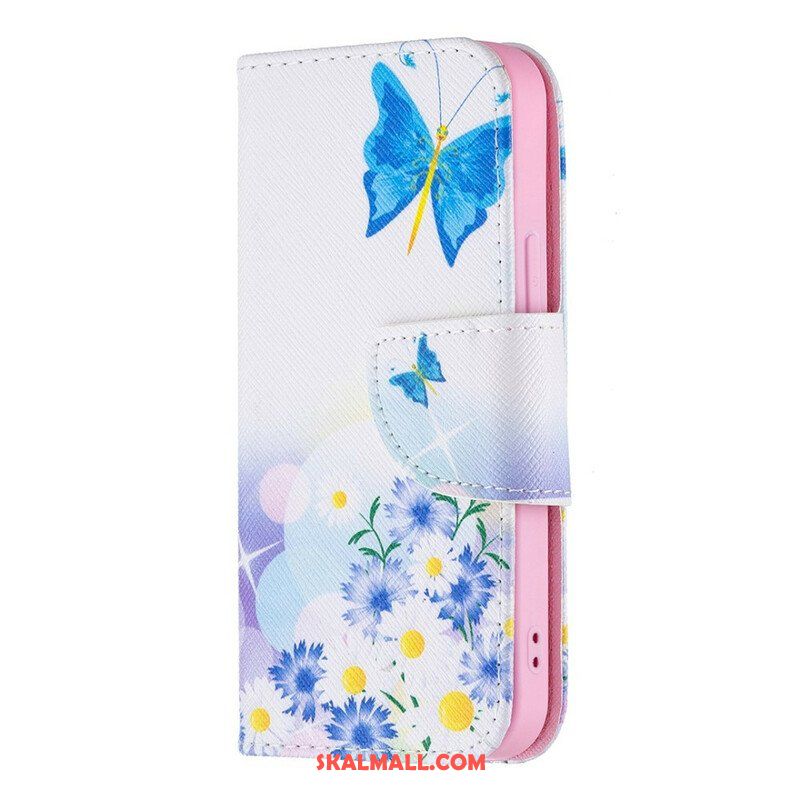 Läderfodral iPhone 13 Mini Målade Fjärilar Och Blommor