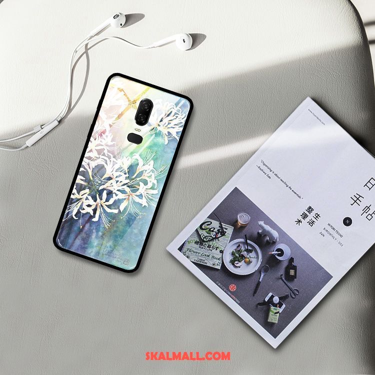 Oneplus 6 Skal Mobil Telefon Blommor Härdat Glas Grön Konst Billigt