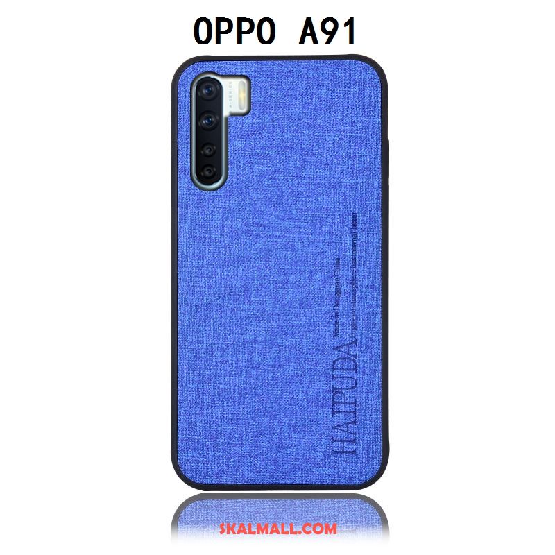 Oppo A91 Skal Skydd Blå Bomull Och Linne Läderfodral Bakre Omslag Rea