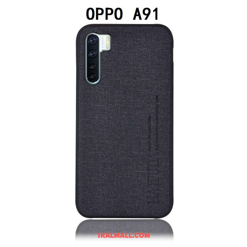 Oppo A91 Skal Skydd Blå Bomull Och Linne Läderfodral Bakre Omslag Rea