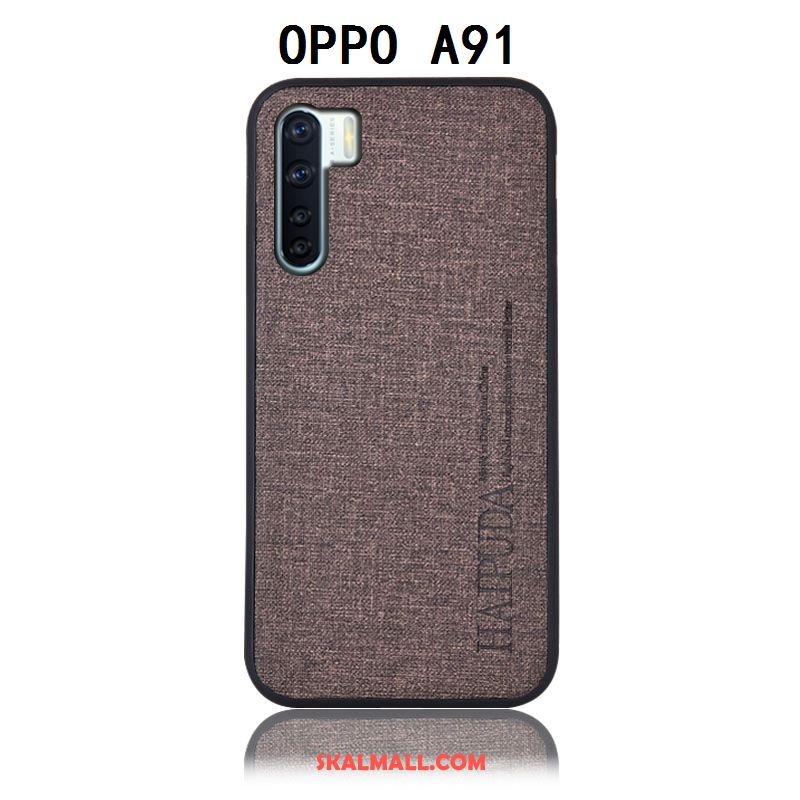 Oppo A91 Skal Skydd Blå Bomull Och Linne Läderfodral Bakre Omslag Rea