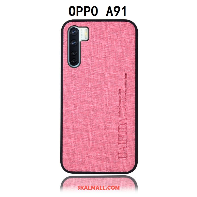 Oppo A91 Skal Skydd Blå Bomull Och Linne Läderfodral Bakre Omslag Rea