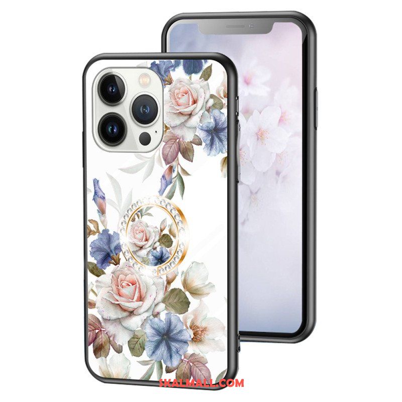 Skal iPhone 15 Pro Blommigt Härdat Glas Med Stödring