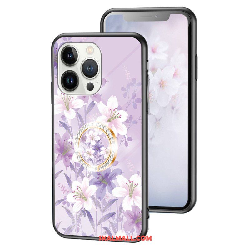 Skal iPhone 15 Pro Blommigt Härdat Glas Med Stödring