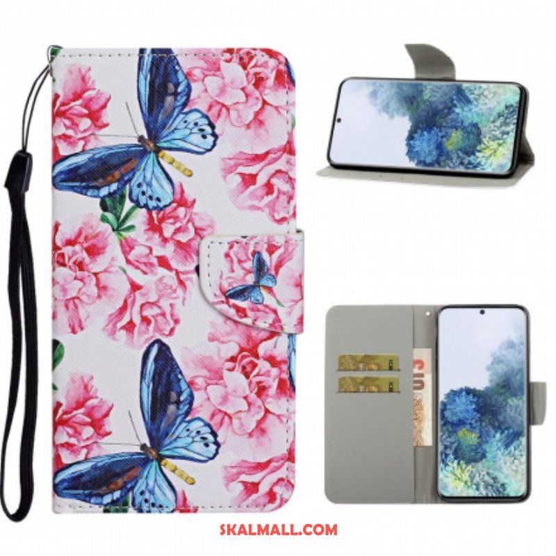Folio-fodral Samsung Galaxy S21 Ultra 5G Butterflies Floral Lanyard