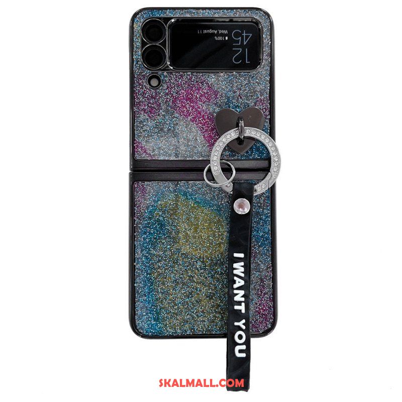 Folio-fodral Skal Samsung Galaxy Z Flip 3 5G Läderfodral Paljetter Charms Och Lanyard