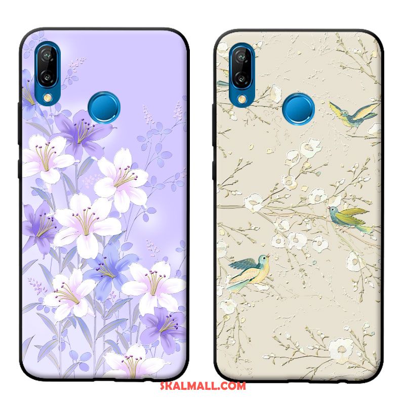 Huawei P20 Lite Skal Fallskydd Blommor Nubuck Hängsmycken Purpur Fodral Rabatt