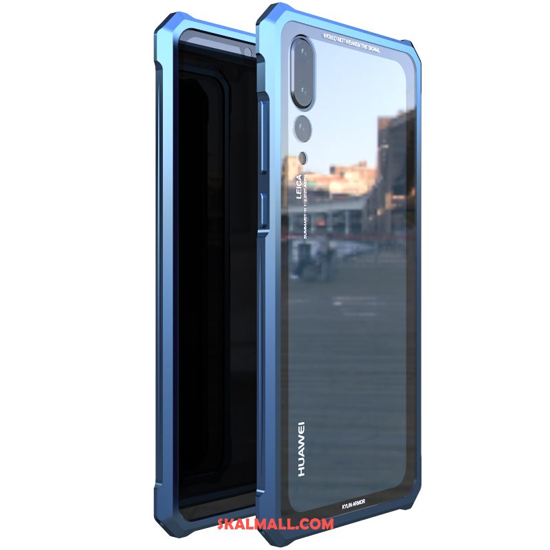 Huawei P20 Skal Trend Varumärke Metall Transparent Blå Bakre Omslag Fodral Butik