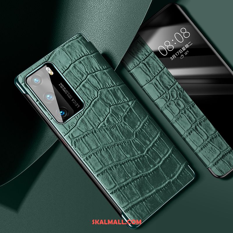 Huawei P40 Skal Äkta Läder Grön Krokodilmönster Trend Varumärke Mobil Telefon Online