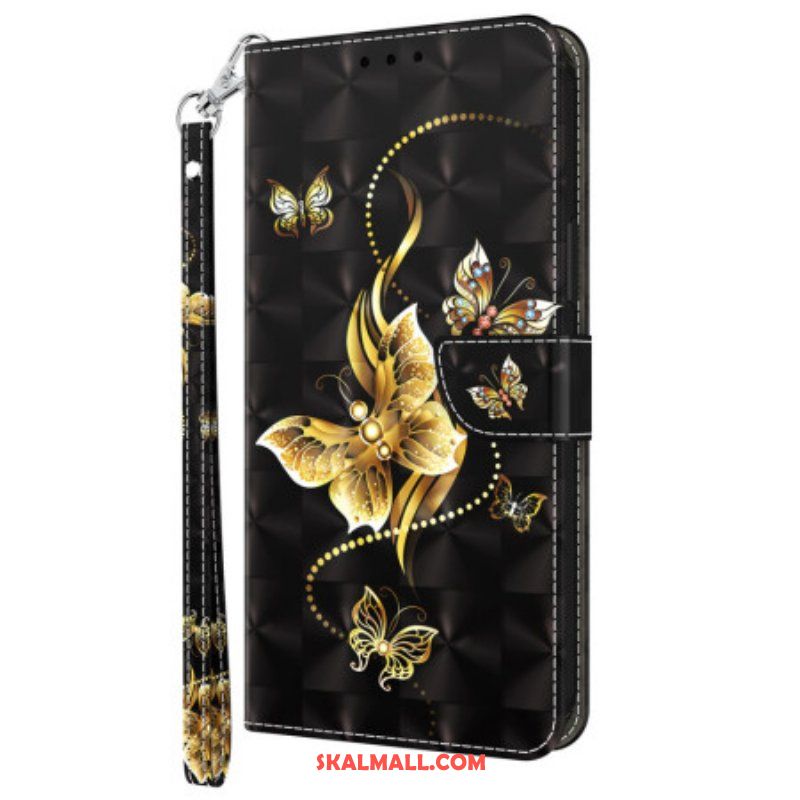 Läderfodral iPhone 15 Pro Med Kedjar Gyllene Fjärilar Med Rem