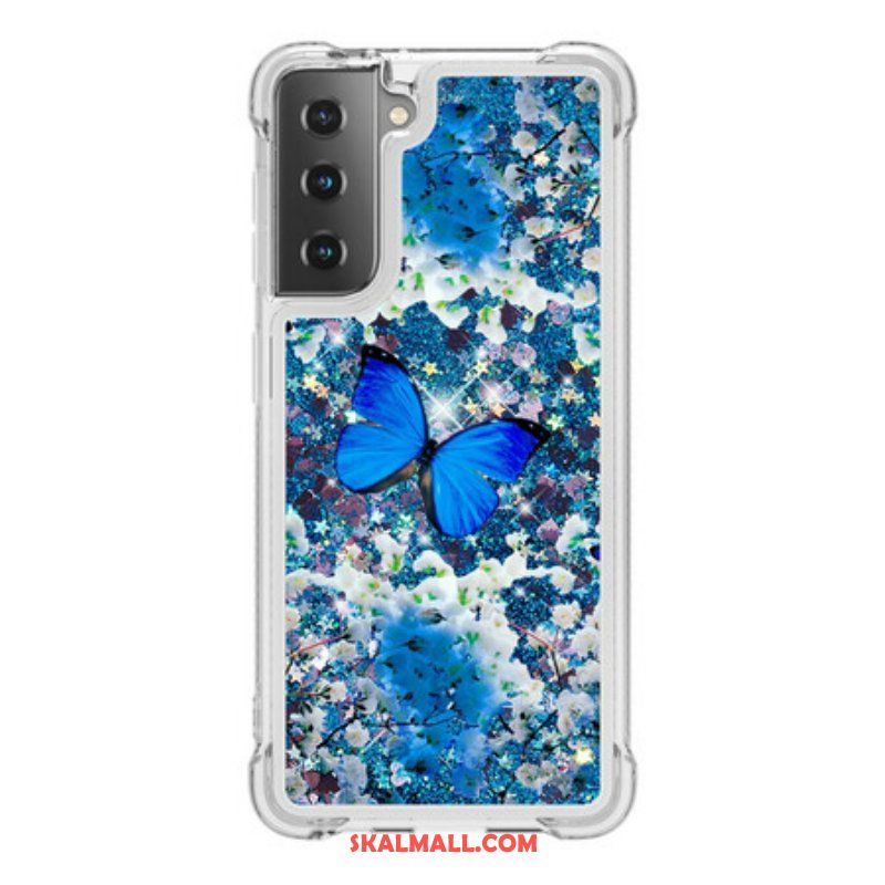 Mobilskal Samsung Galaxy S21 5G Glitter Blå Fjärilar