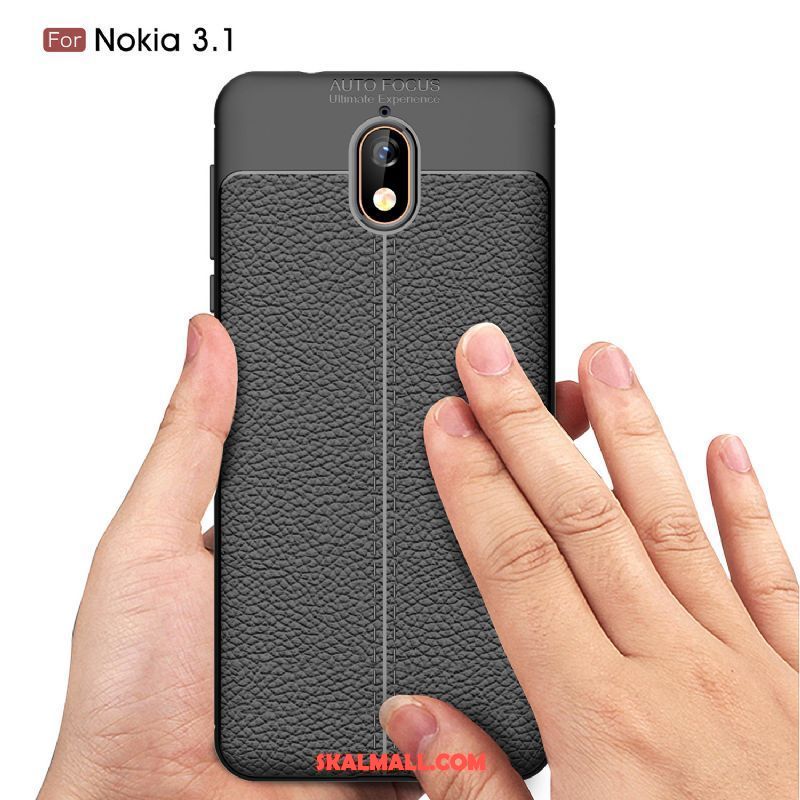 Nokia 3.1 Skal Skydd Svart Nubuck Mjuk Litchi Fodral Billig