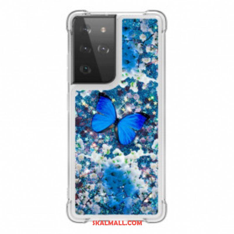 Skal Samsung Galaxy S21 Ultra 5G Glitter Blå Fjärilar